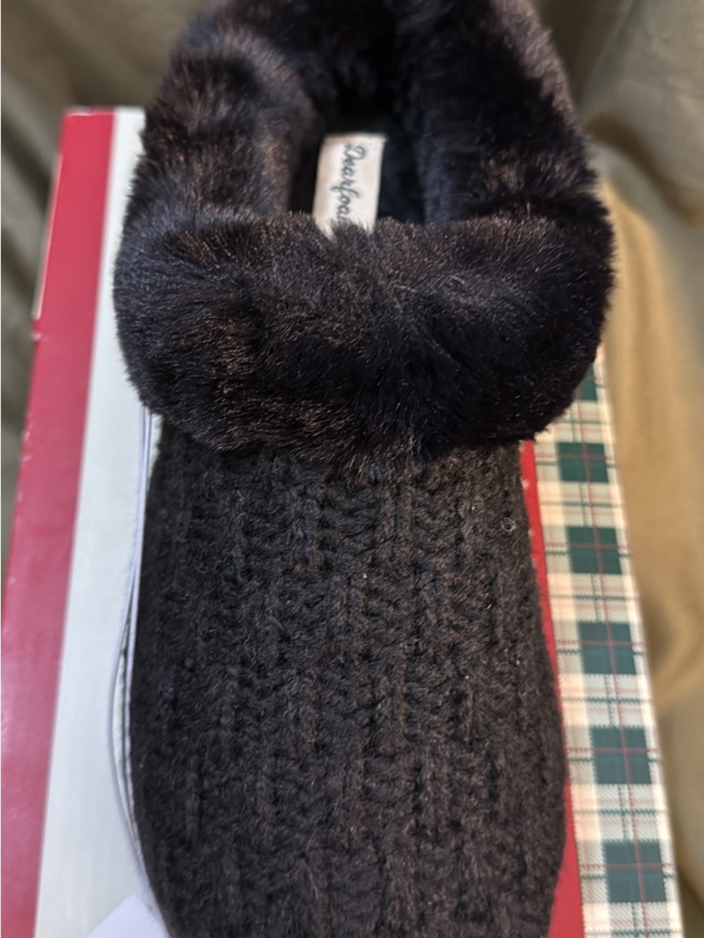 Dearfoams Black Knit Faux-Fur Clog Slippers size L indoors N outdoors
